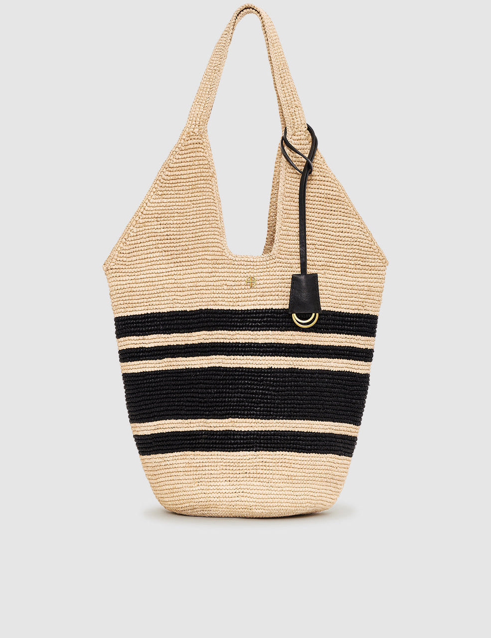 Black and natural stripe raffia hobo bag, front view on white background