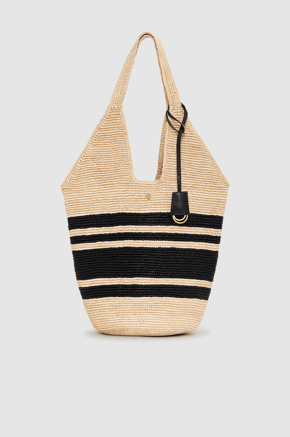 Black and natural stripe raffia hobo bag, front view on white background