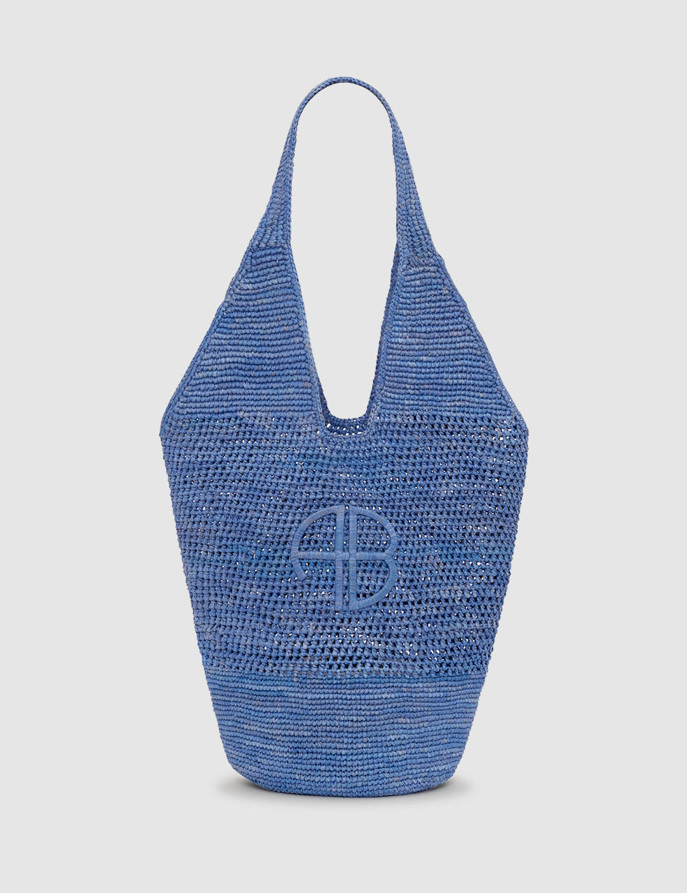 Storm blue raffia hobo bag with logo detail, front view on white background