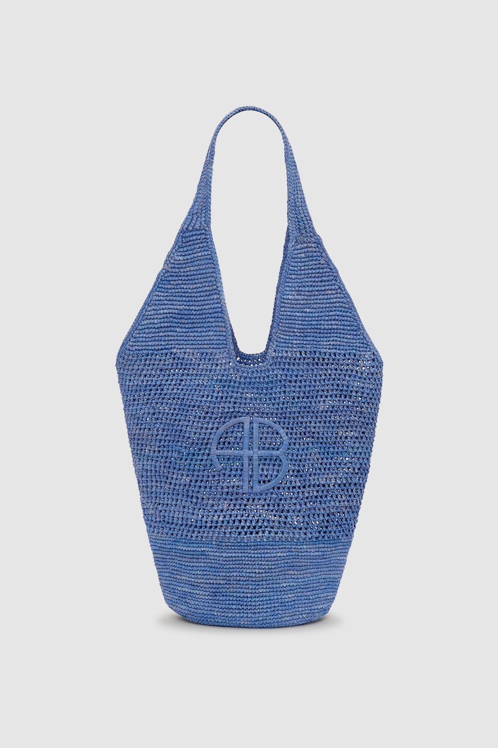 Storm blue raffia hobo bag with logo detail, front view on white background