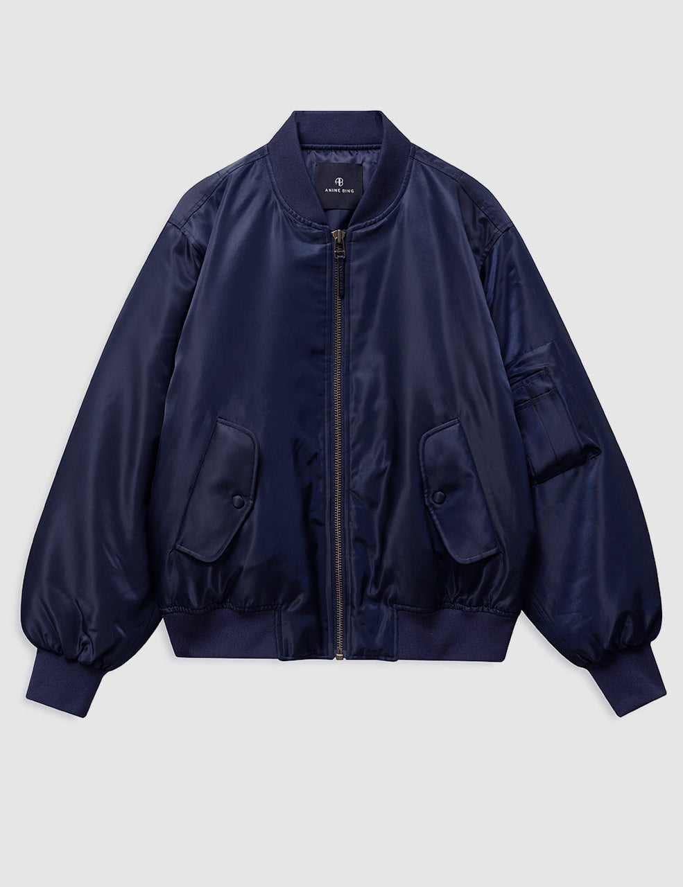 Deep navy zip-up bomber jacket, front view on white background