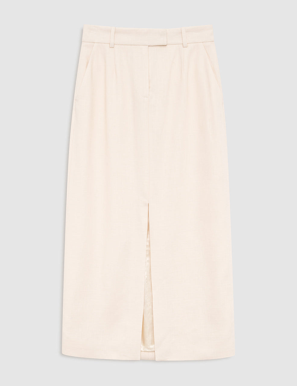 Cream midi skirt with relaxed drape, front view on white background