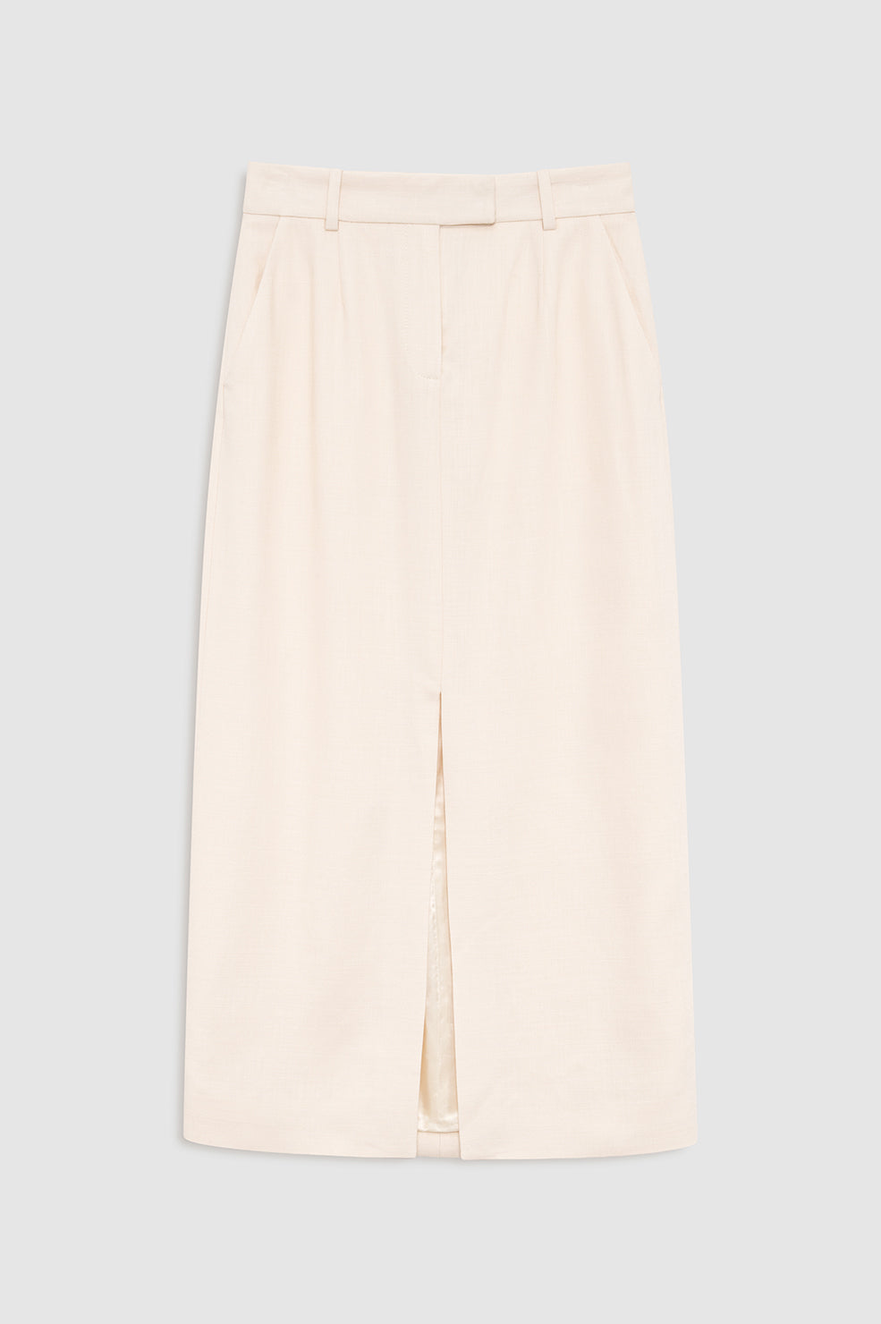 Cream midi skirt with relaxed drape, front view on white background