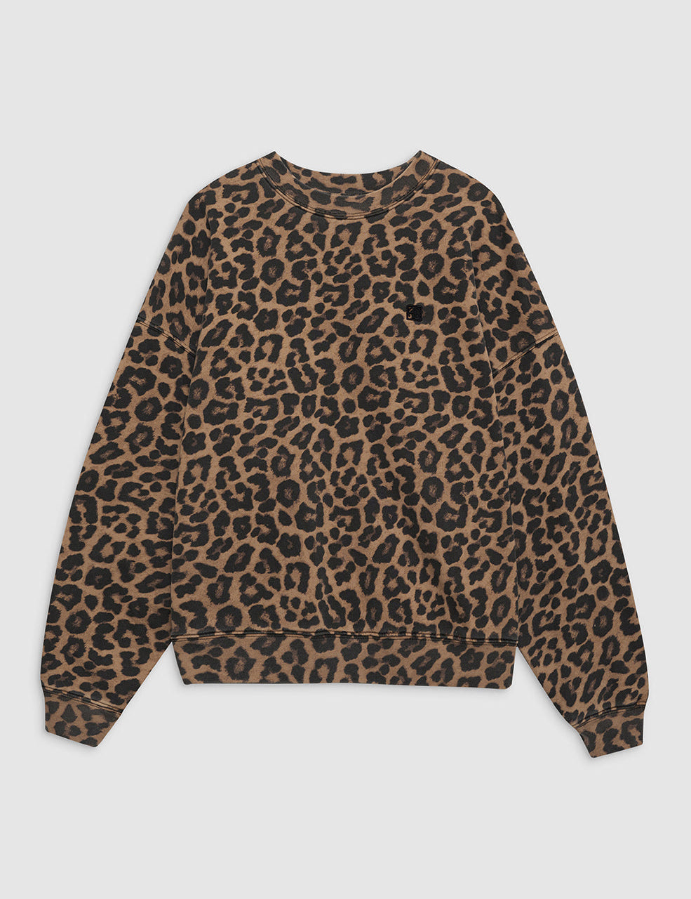 Model wearing Anine Bing Miles Sweatshirt in leopard