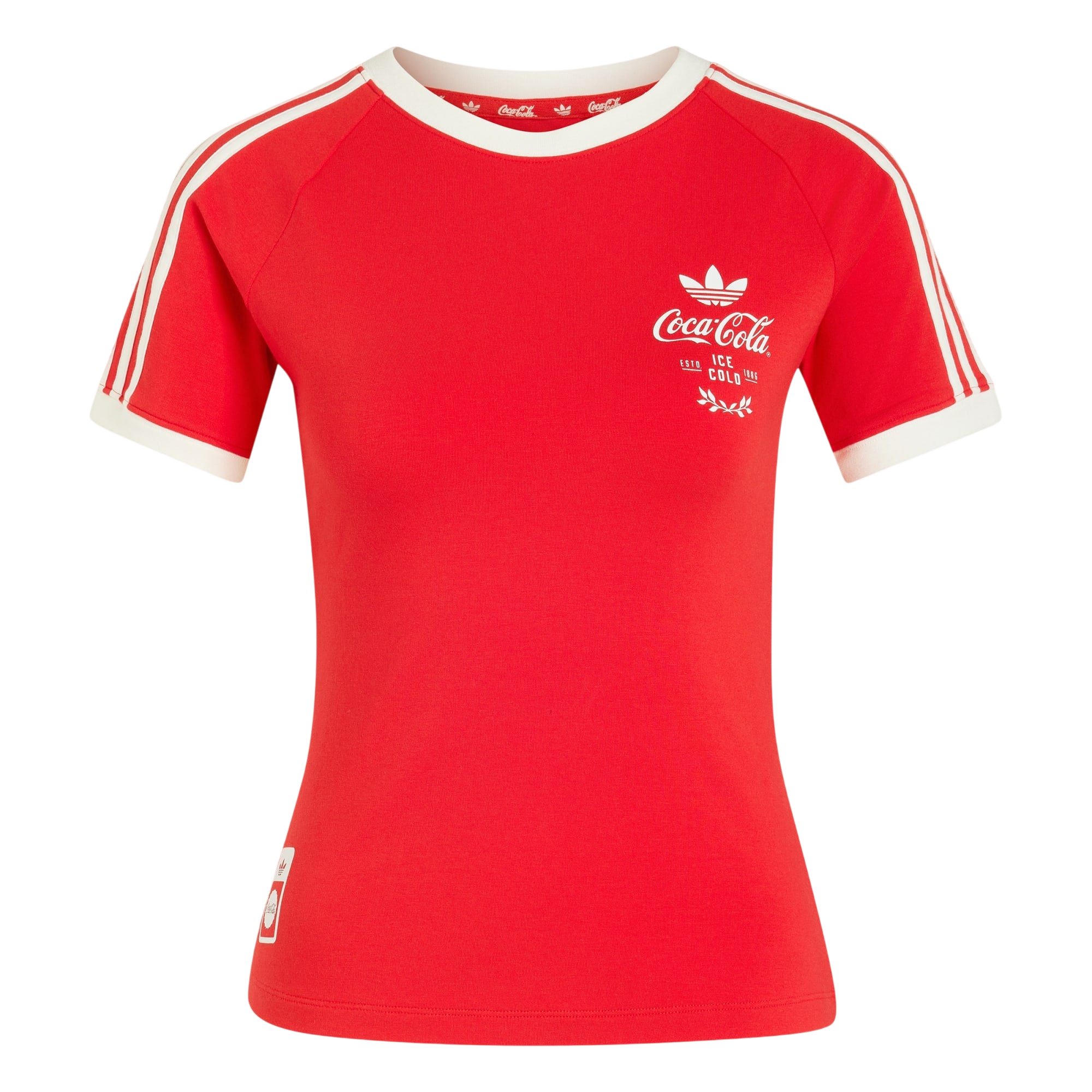 Model wearing adidas adidas x Coca-Cola 3 Stripes Tee in red
