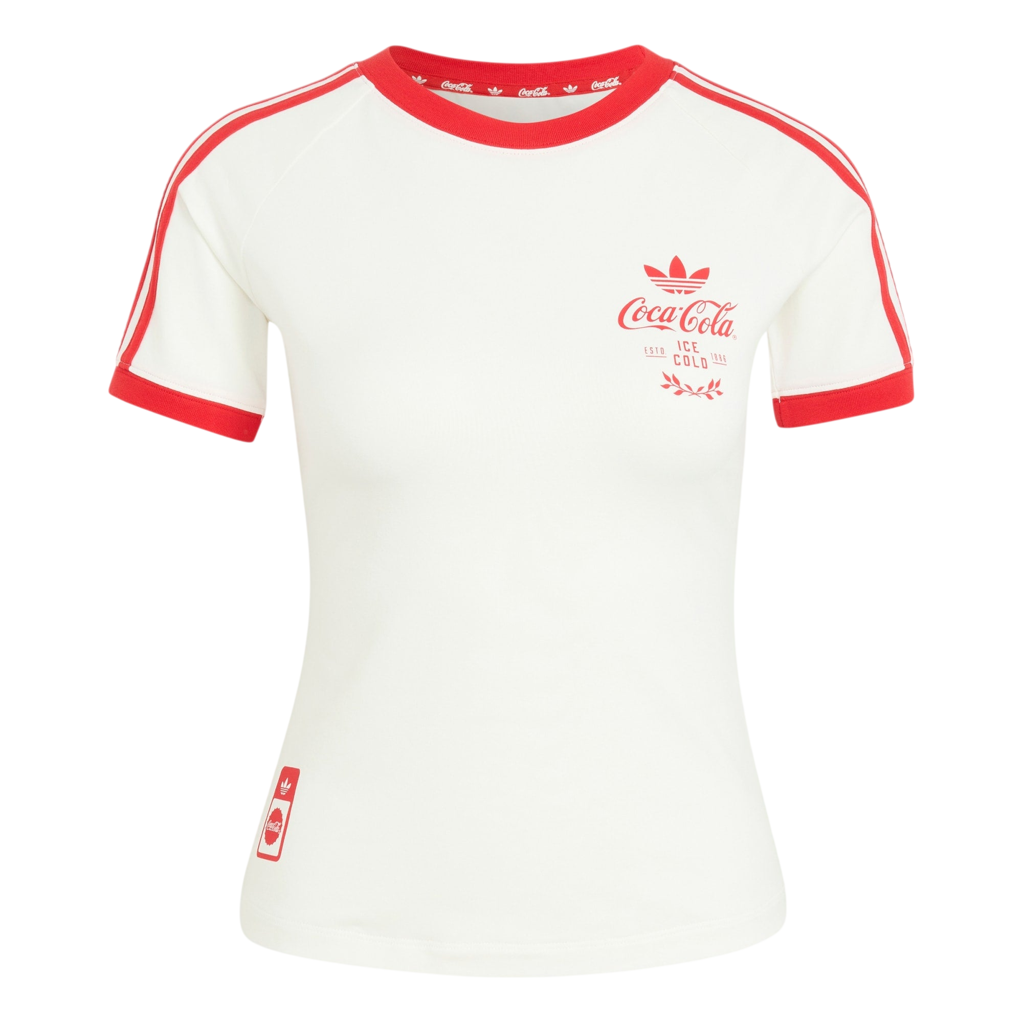 Model wearing adidas adidas x Coca-Cola 3 Stripes Tee in white