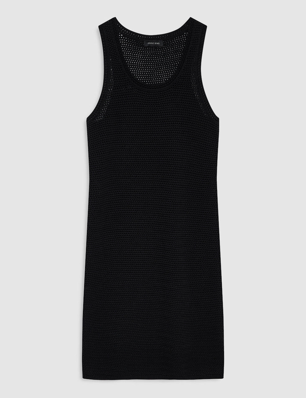 Black sleeveless mini dress, front view on white background