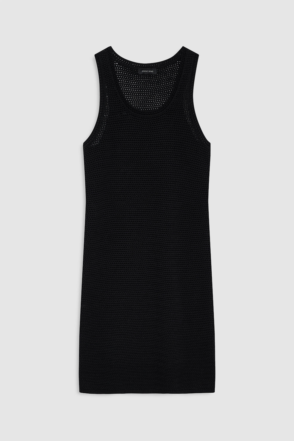 Black sleeveless mini dress, front view on white background