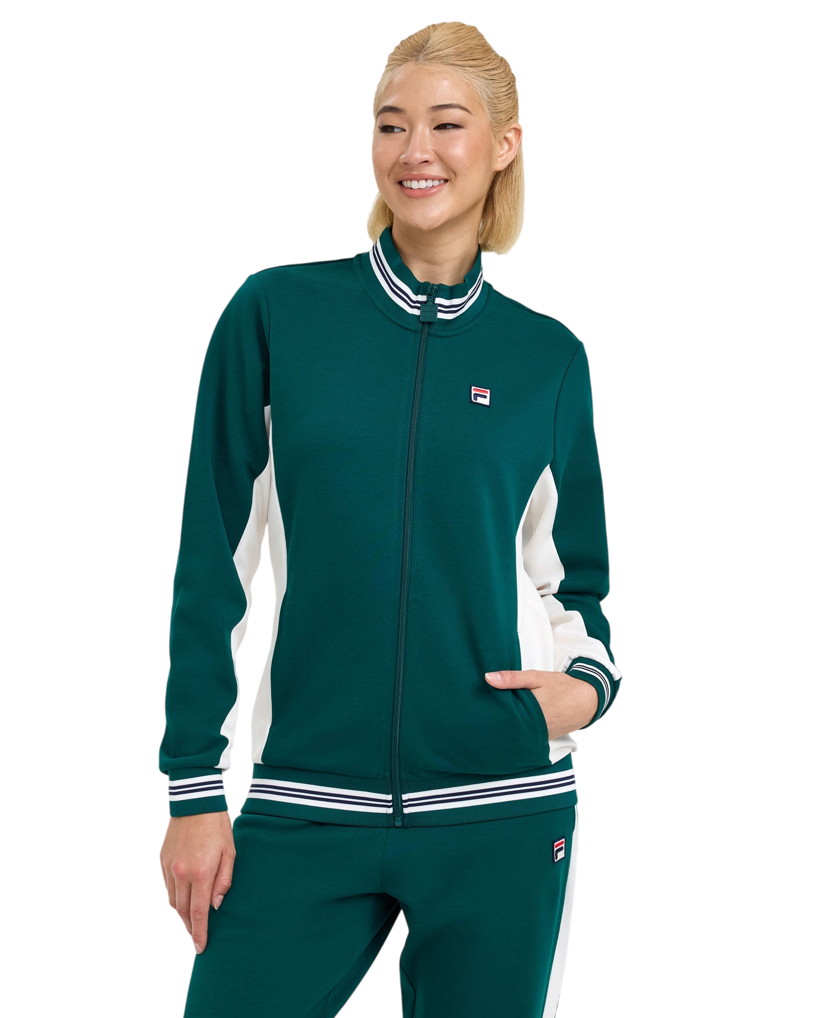 Model wearing FILA Unisex Ainsley Jacket in navy