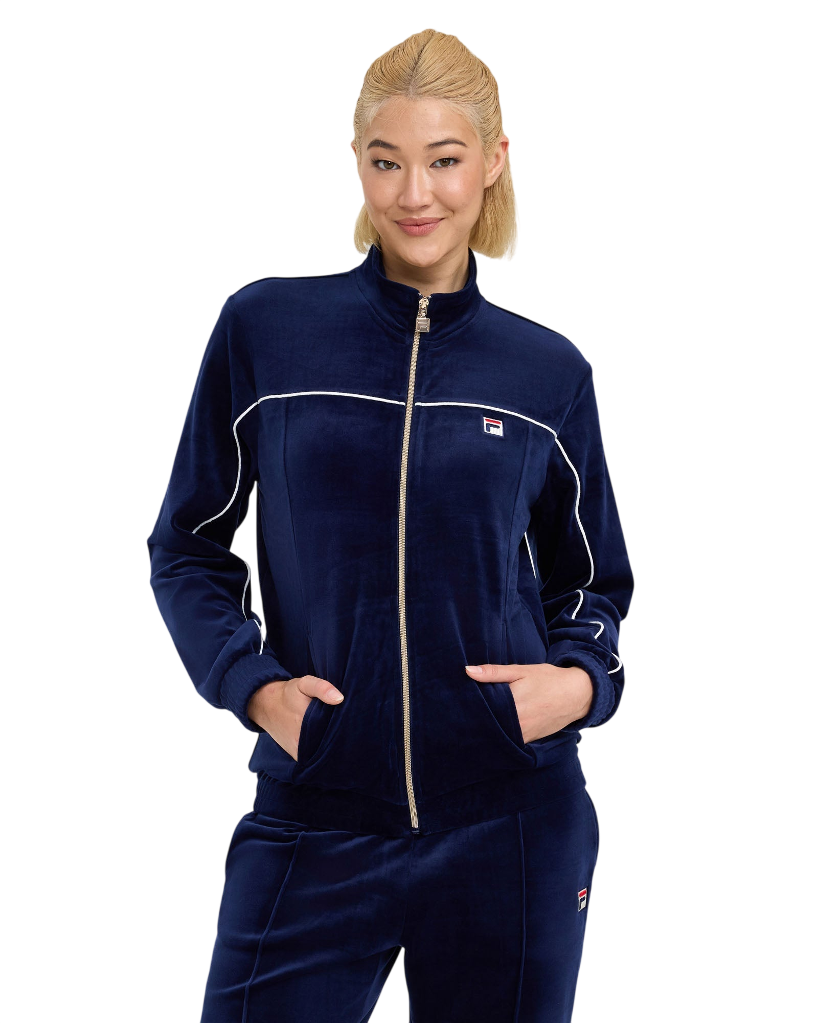 Model wearing FILA Brooks Jacket in navy blue