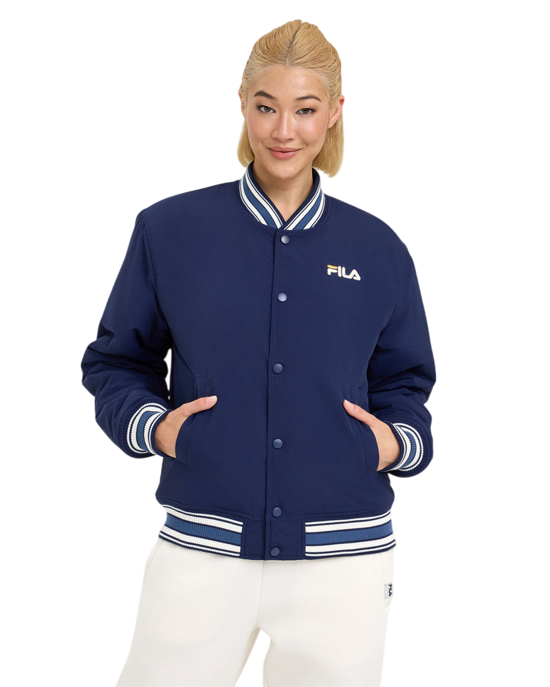 Model wearing FILA Kenji Bomber Jacket in navy blue