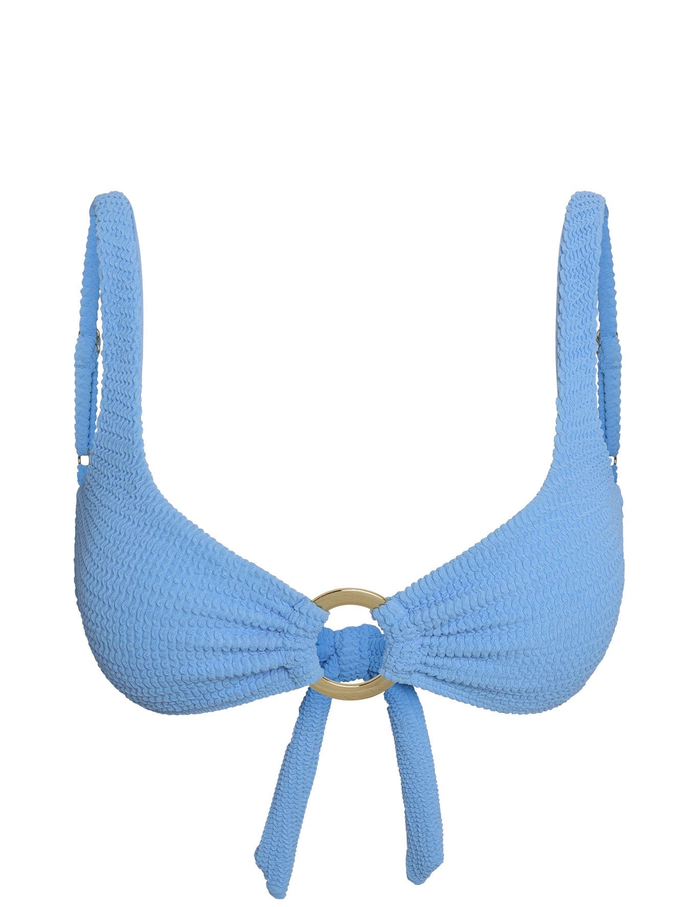 Blue bikini top with a bow on a white background