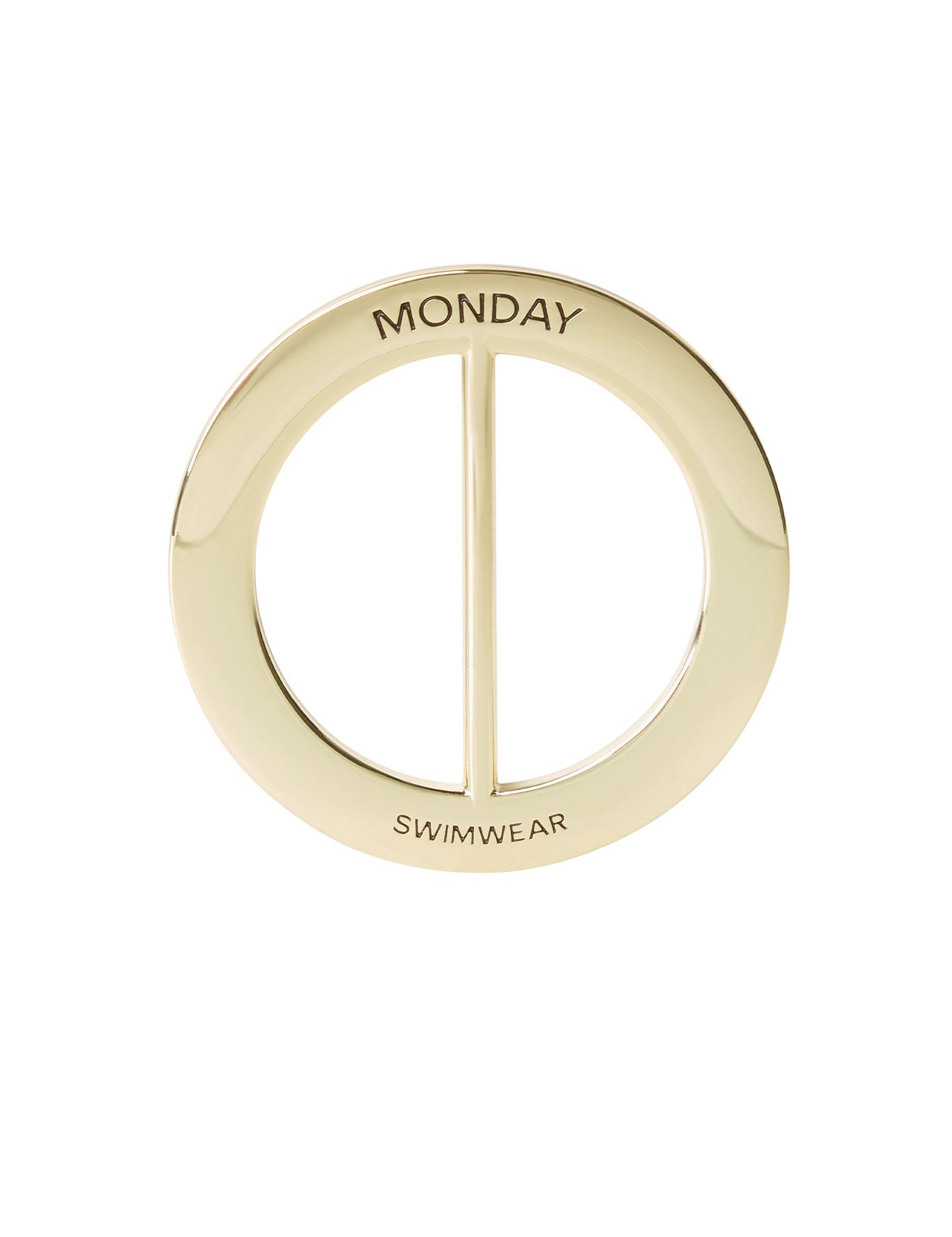 Gold circular swimwear label with 'MONDAY' and 'SWIMWEAR' text on a white background