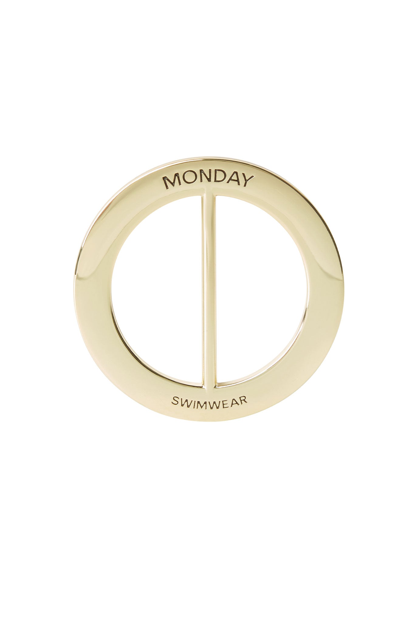 Gold circular swimwear label with 'MONDAY' and 'SWIMWEAR' text on a white background