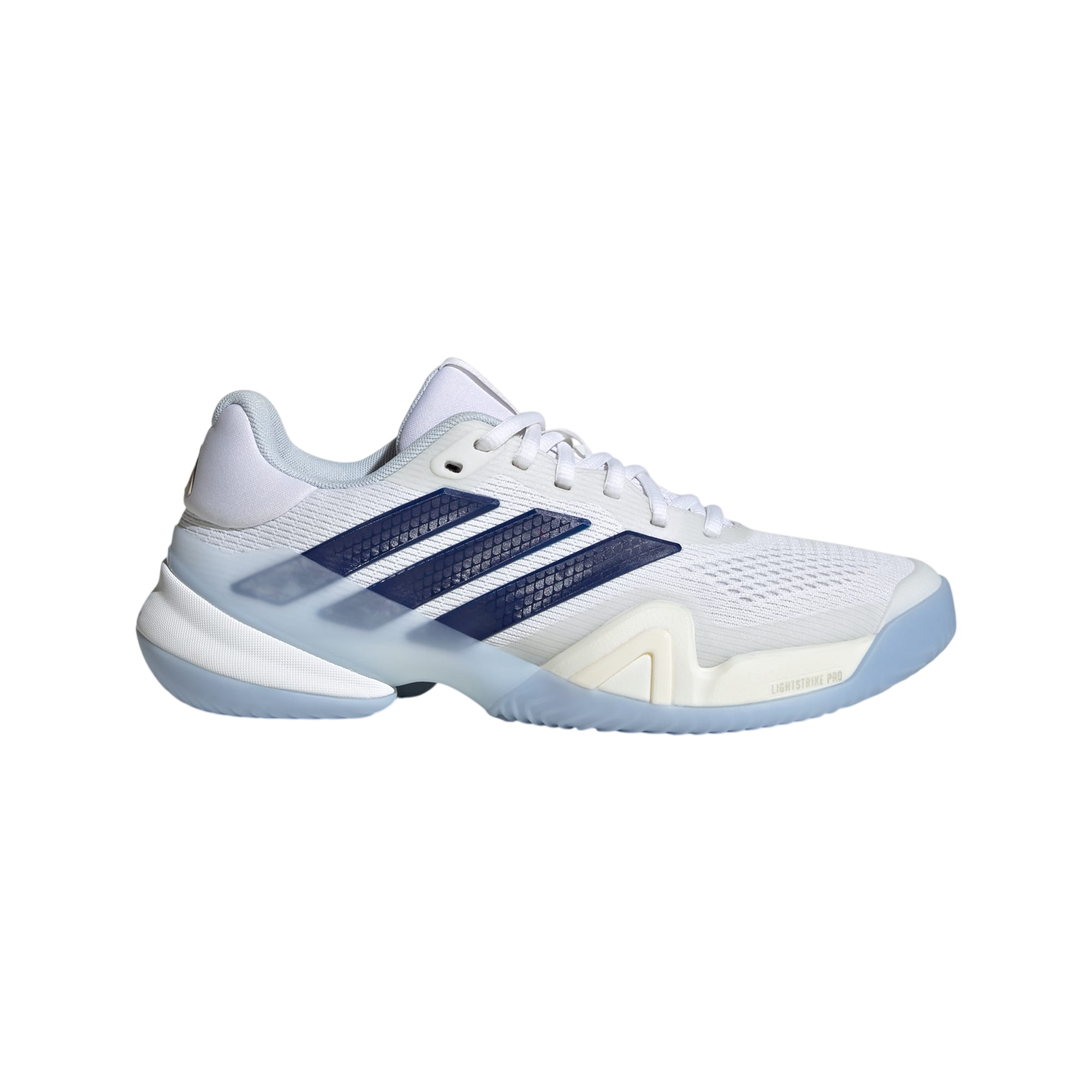 White and blue Adidas sports shoes on a light gray background