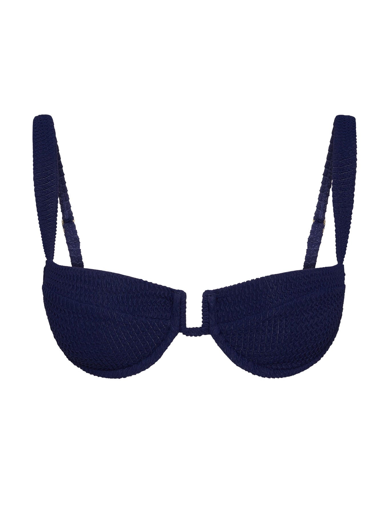 Navy blue bra with thin straps on a white background
