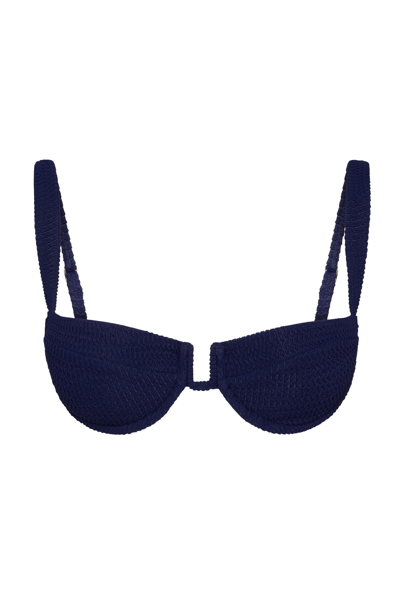 Navy blue bra with thin straps on a white background