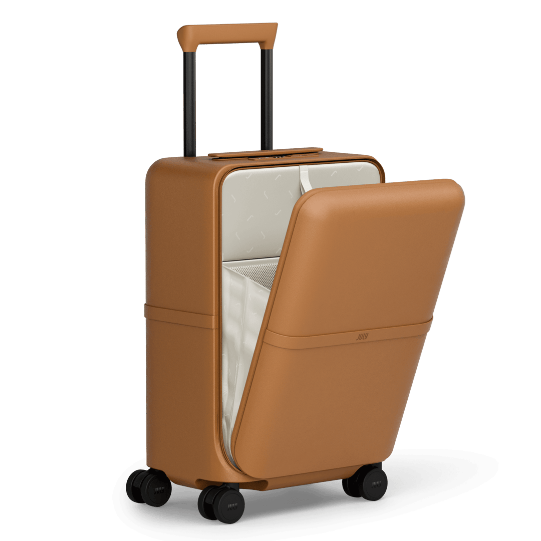 Brown suitcase with open door on a transparent background