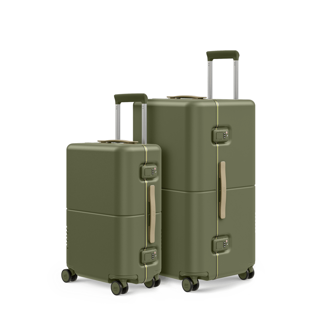 Matte moss green hard-shell trunk and carry-on trunk set, front view on white background