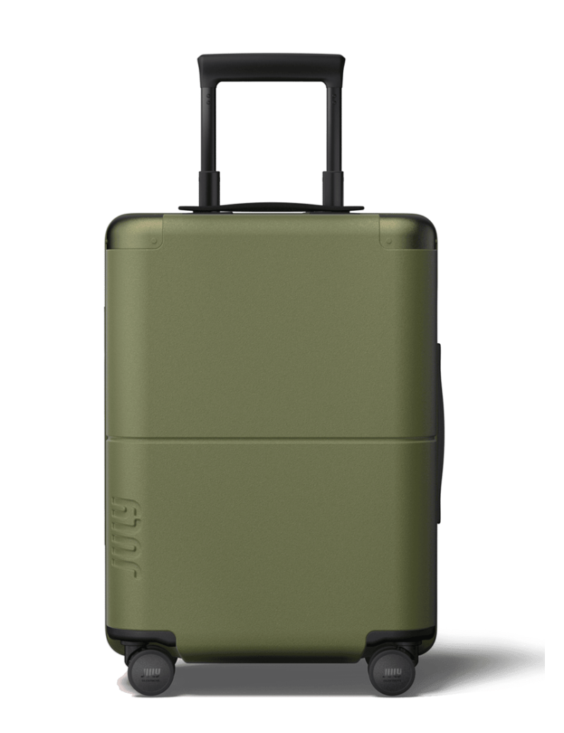 Green suitcase with wheels on a white background