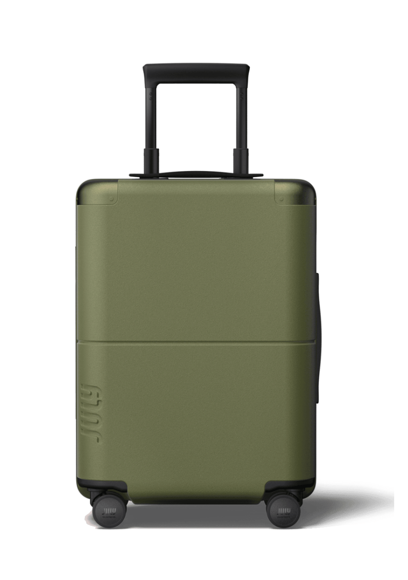 Green suitcase with wheels on a white background