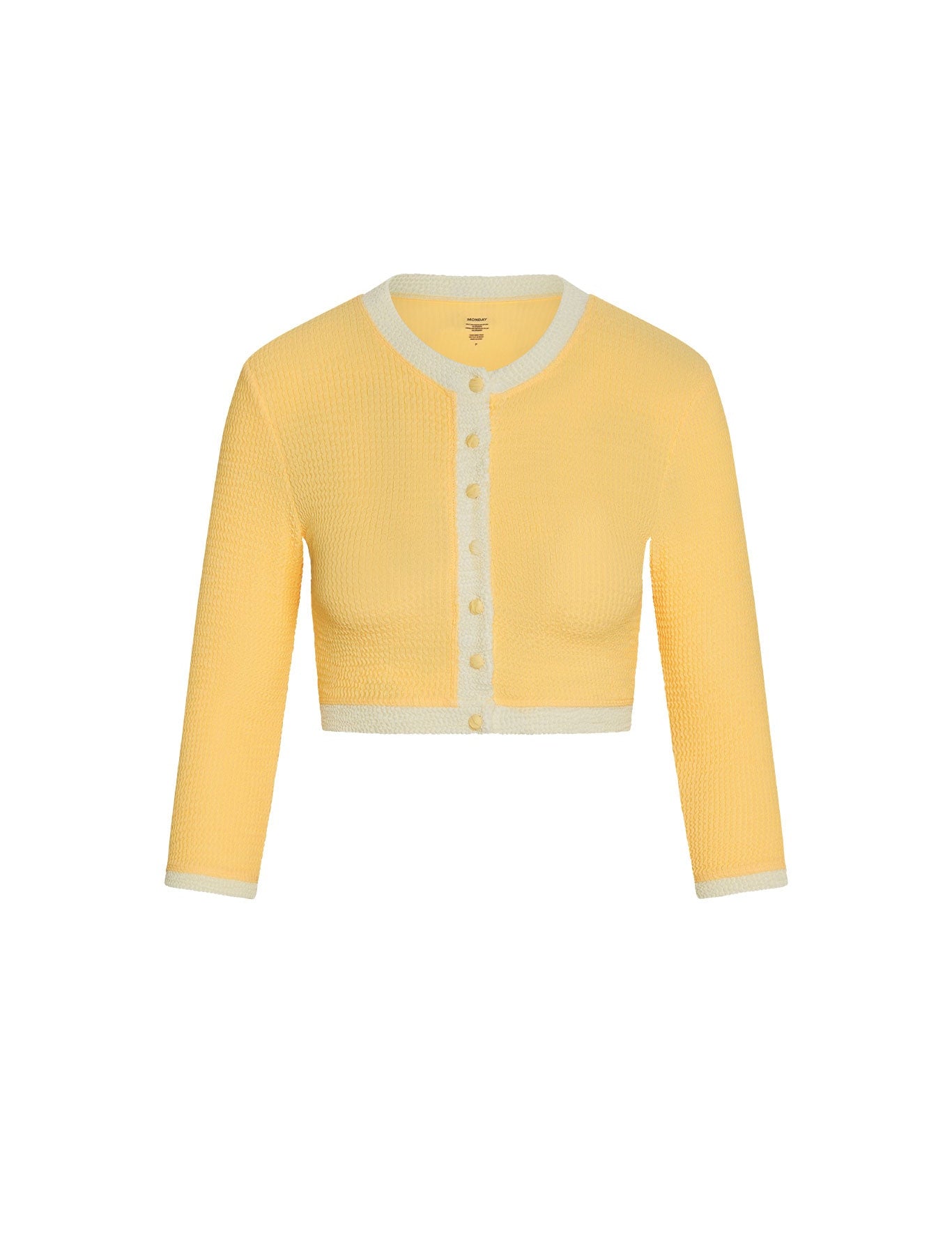 Honey coloured open-front swim cardigan, front view on white background