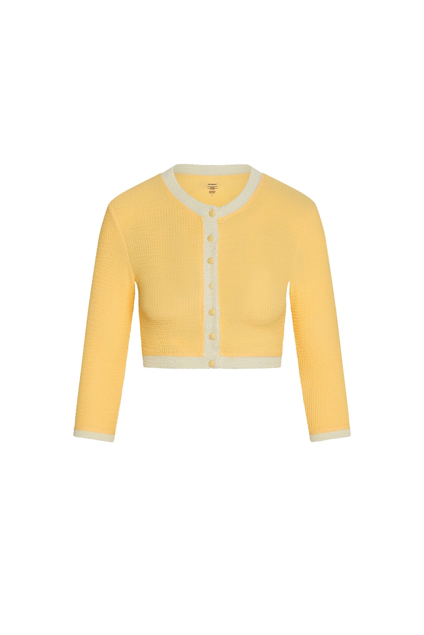 Honey coloured open-front swim cardigan, front view on white background