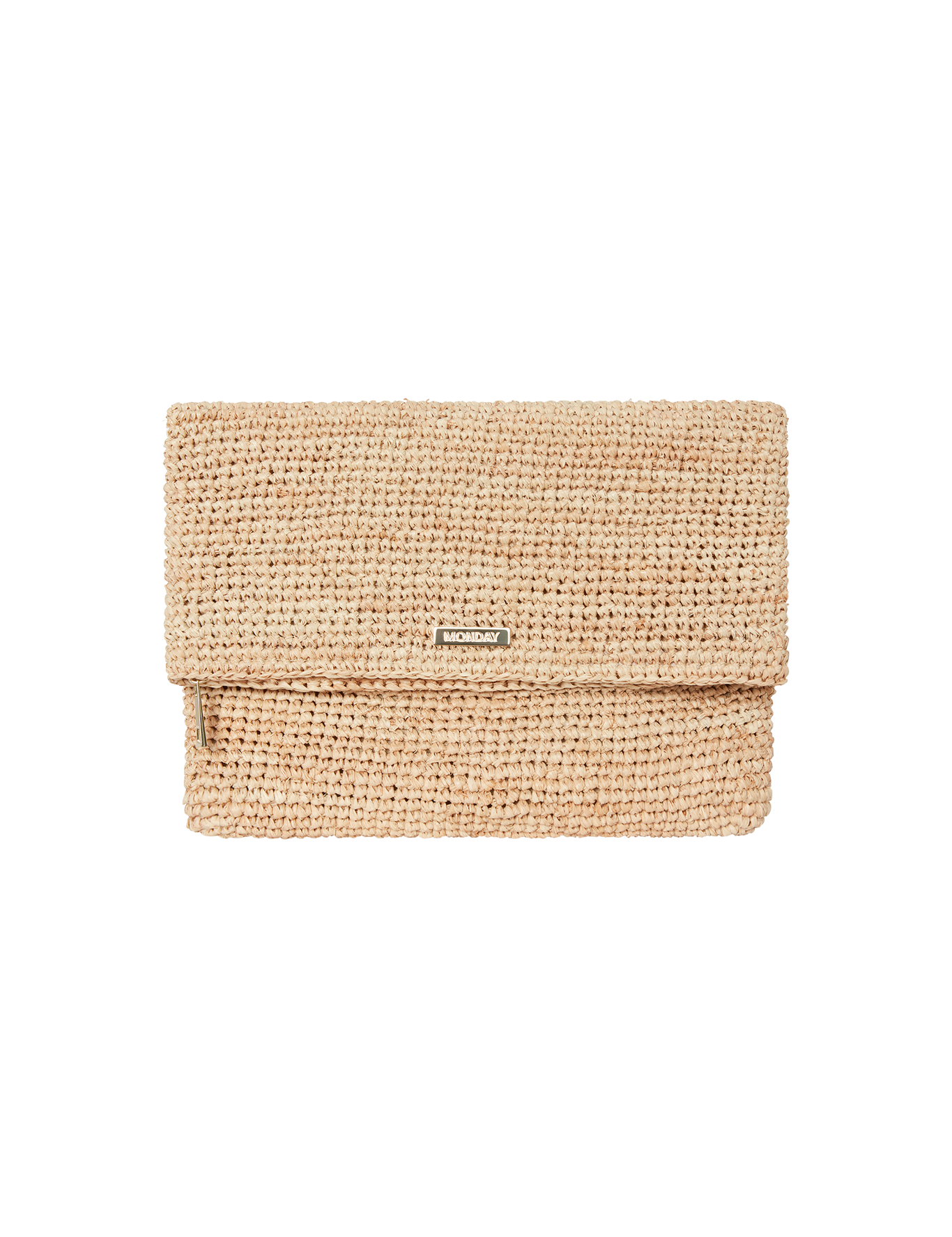 Beige woven clutch bag on a white background