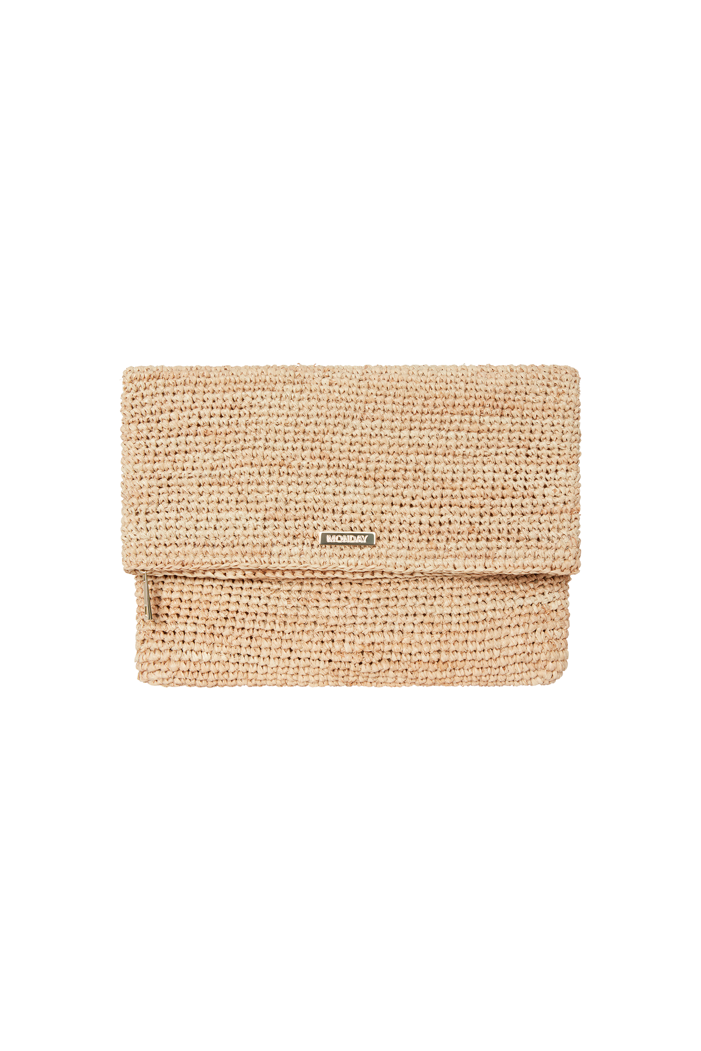 Beige woven clutch bag on a white background