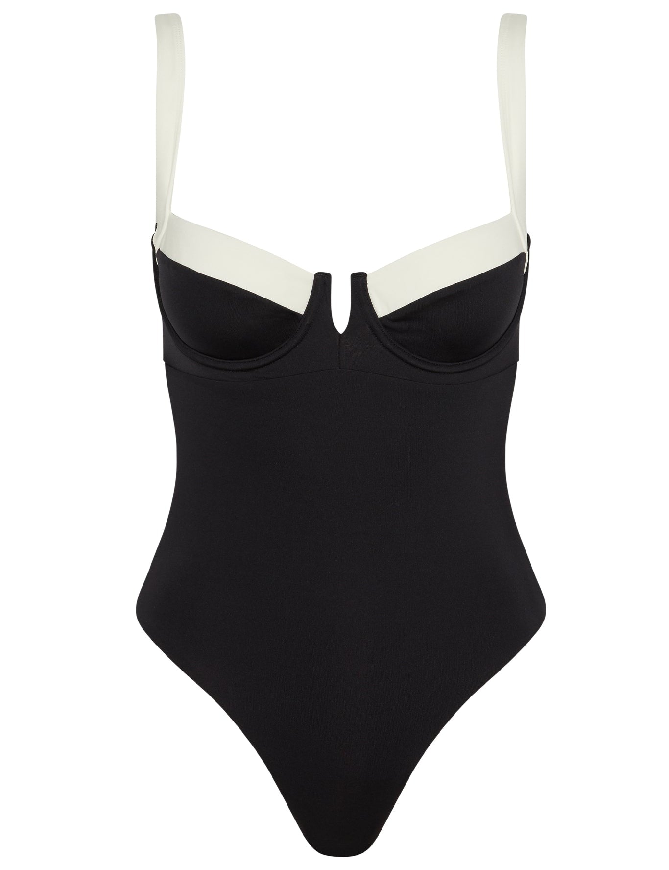 Black swimsuit with white straps on a white background