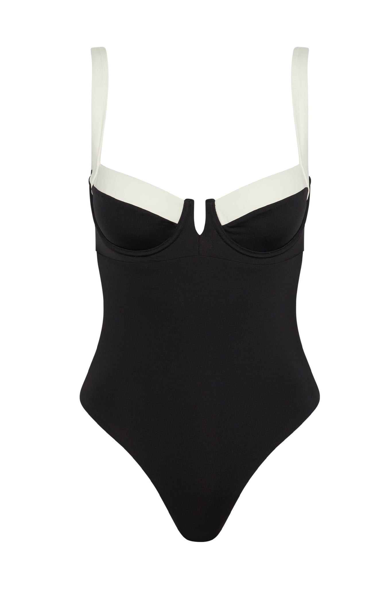Black swimsuit with white straps on a white background