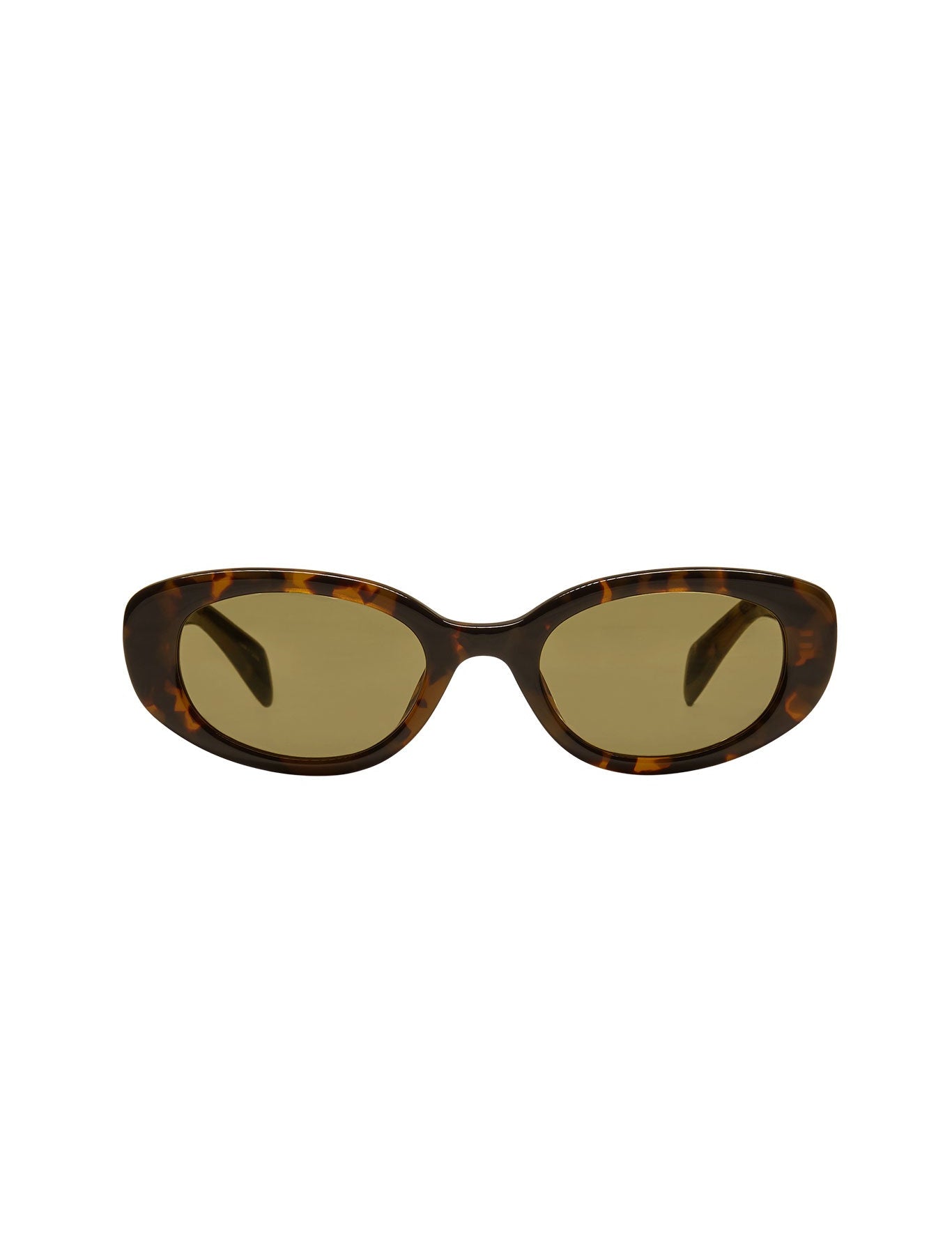 Sunglasses with tortoiseshell frame and dark lenses on a white background