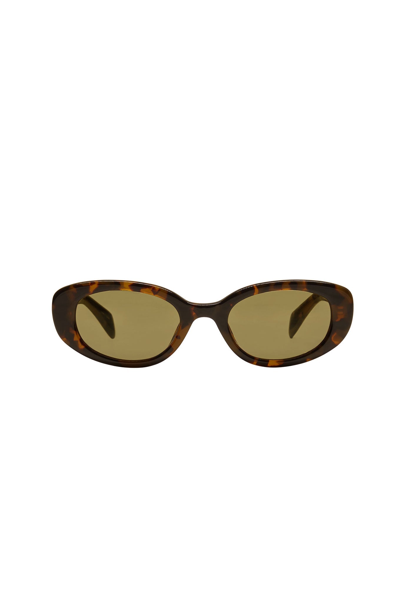 Sunglasses with tortoiseshell frame and dark lenses on a white background