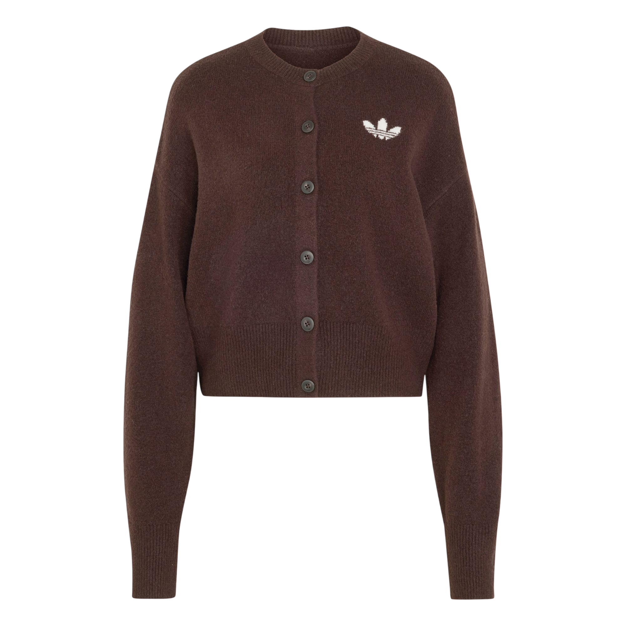 Model wearing adidas Essentials Knit Cardigan in brown