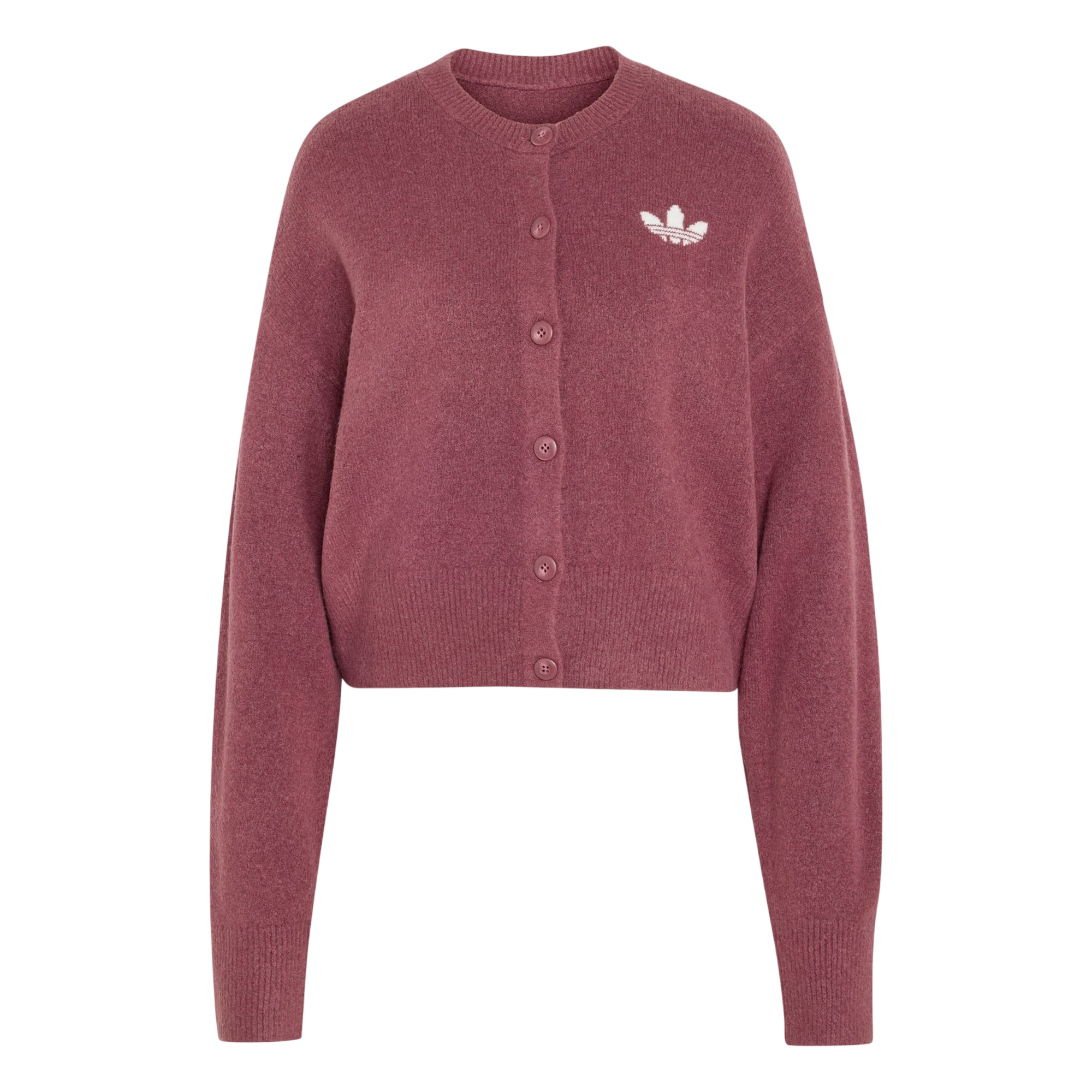 Model wearing adidas Essentials Knit Cardigan in burgundy