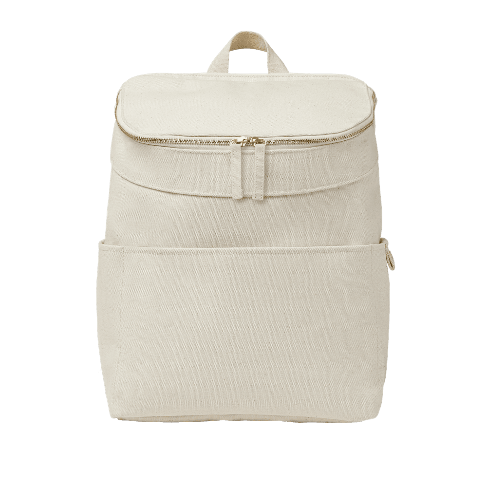Natural canvas everyday backpack with structured base, front view on white background