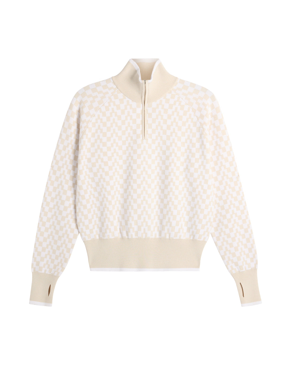 Model wearing J.Lindeberg Kerla Knitted Zip Sweater in beige