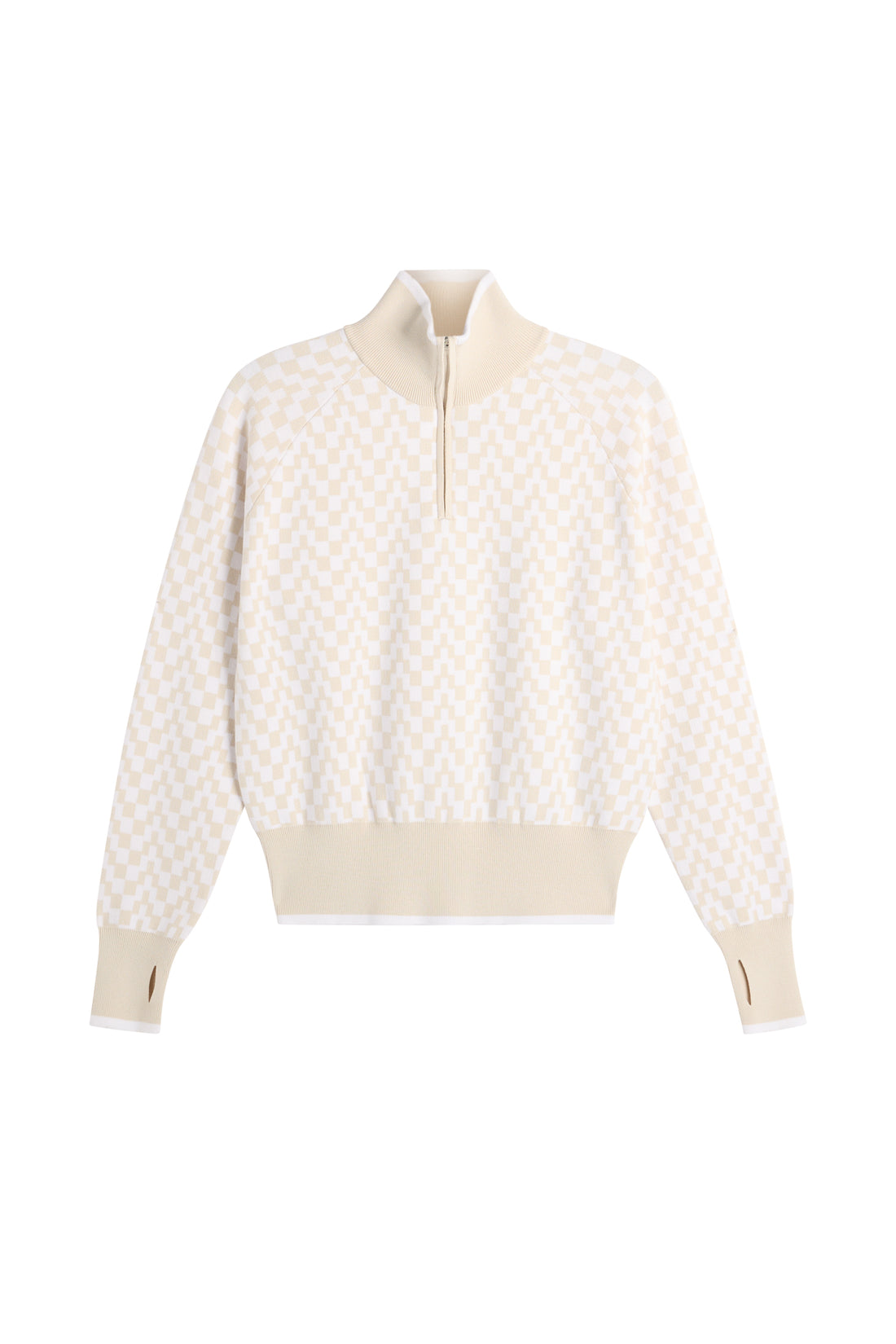 Model wearing J.Lindeberg Kerla Knitted Zip Sweater in beige