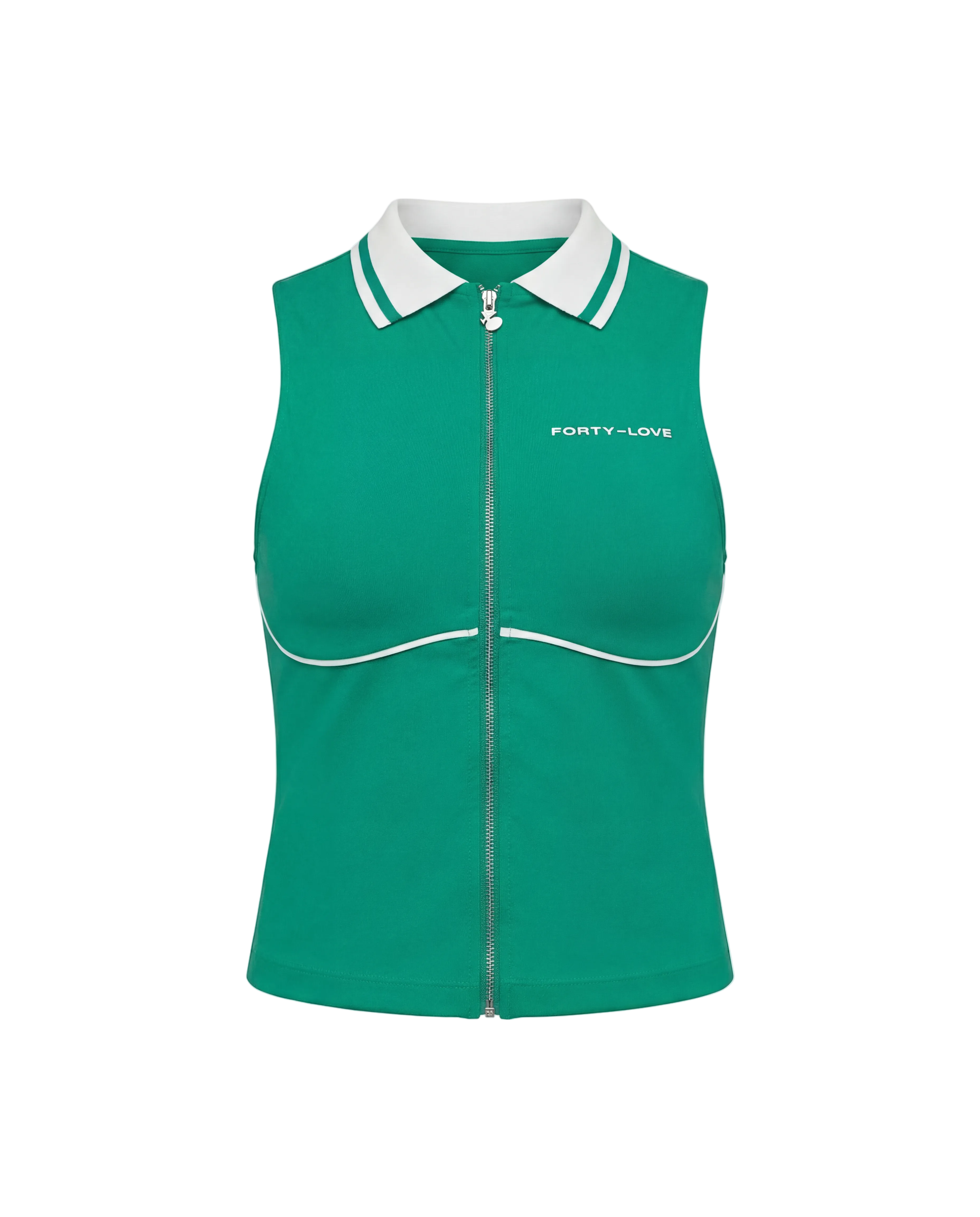 A green sleeveless zip-up vest with a white collar and white piping details, featuring the text 'FORTY-LOVE' on the left chest, shown against a plain white background.