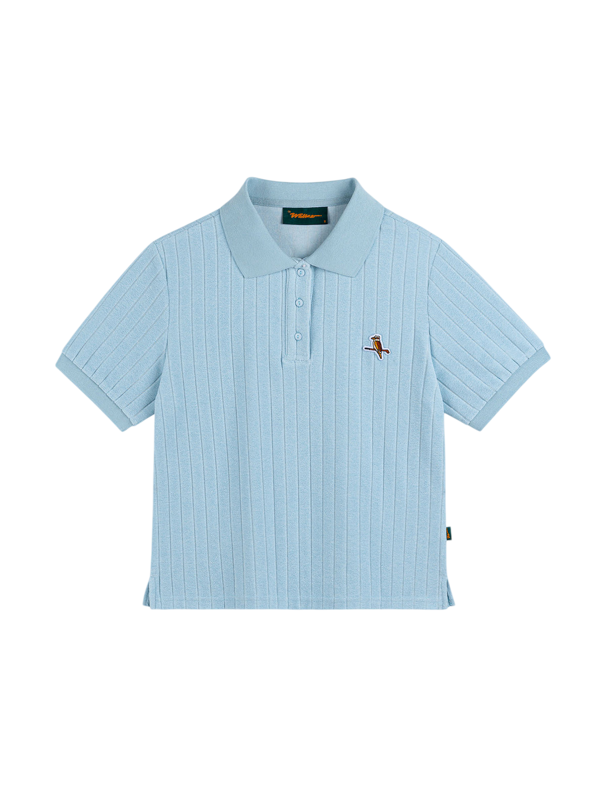 Model wearing Walker Golf Things Kooka Terry Polo in Powder Blue
