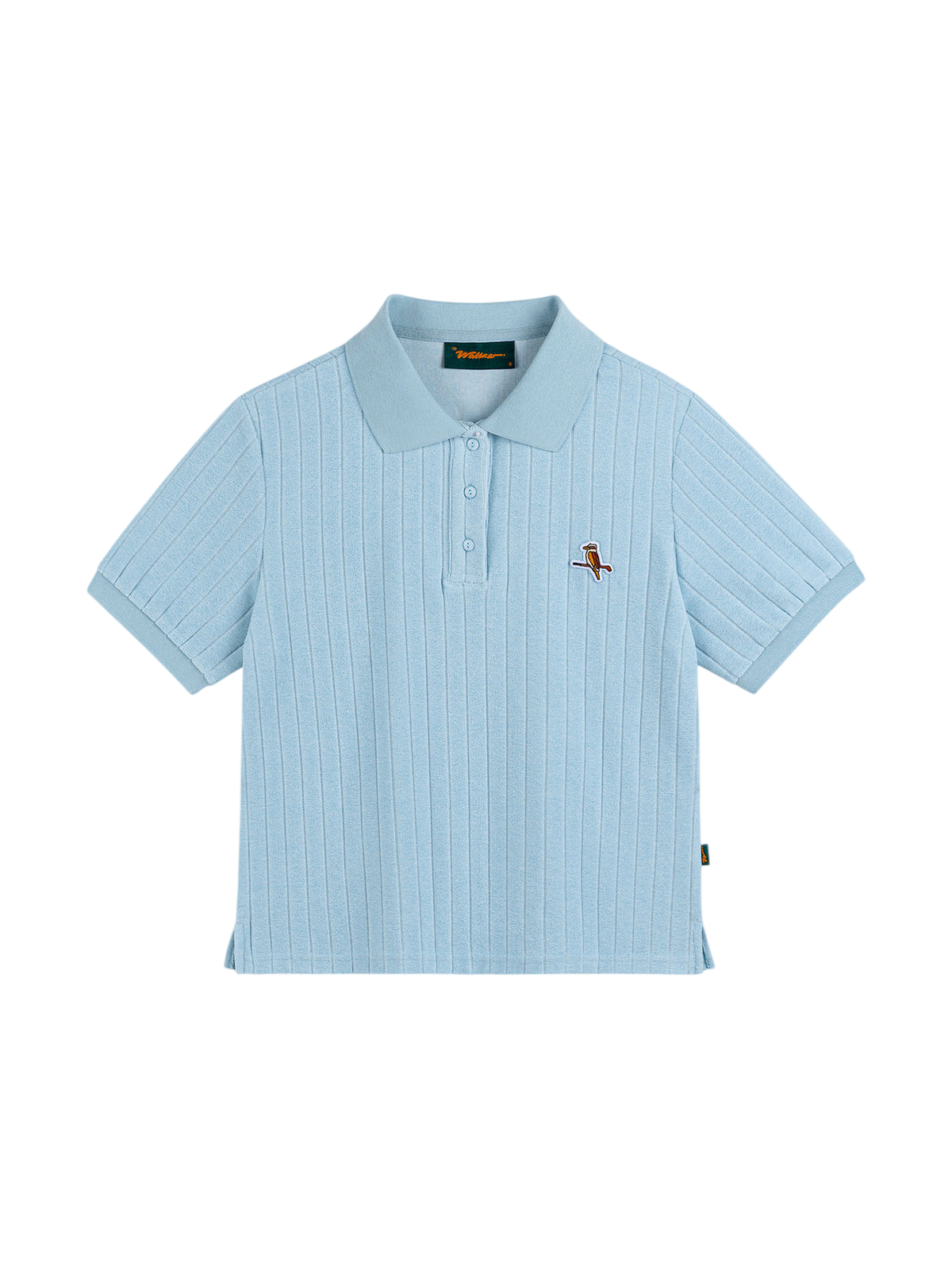 Model wearing Walker Golf Things Kooka Terry Polo in Powder Blue