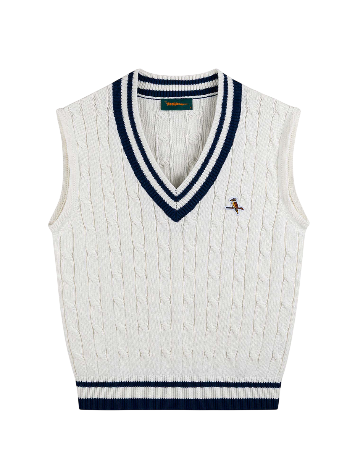 Model wearing Walker Golf Things Classic Cable Knit Vest in Ecru