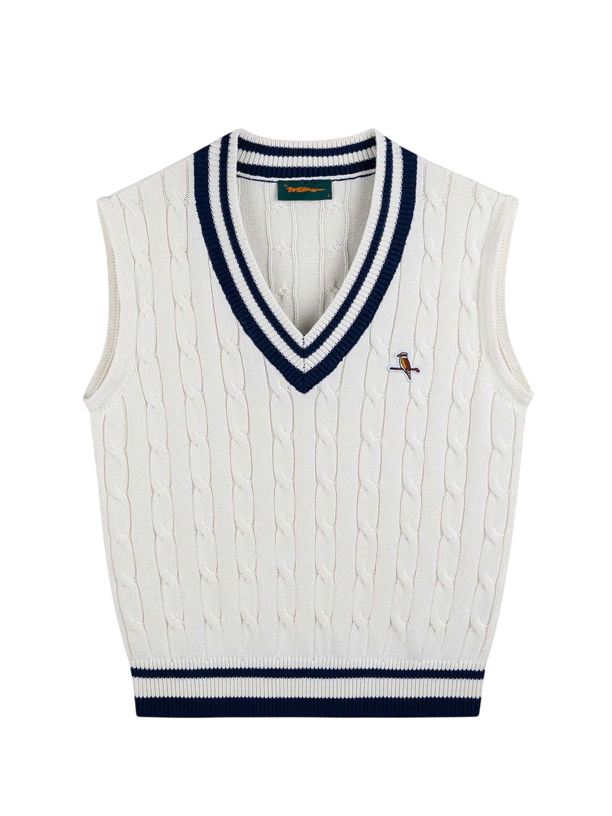 Model wearing Walker Golf Things Classic Cable Knit Vest in Ecru