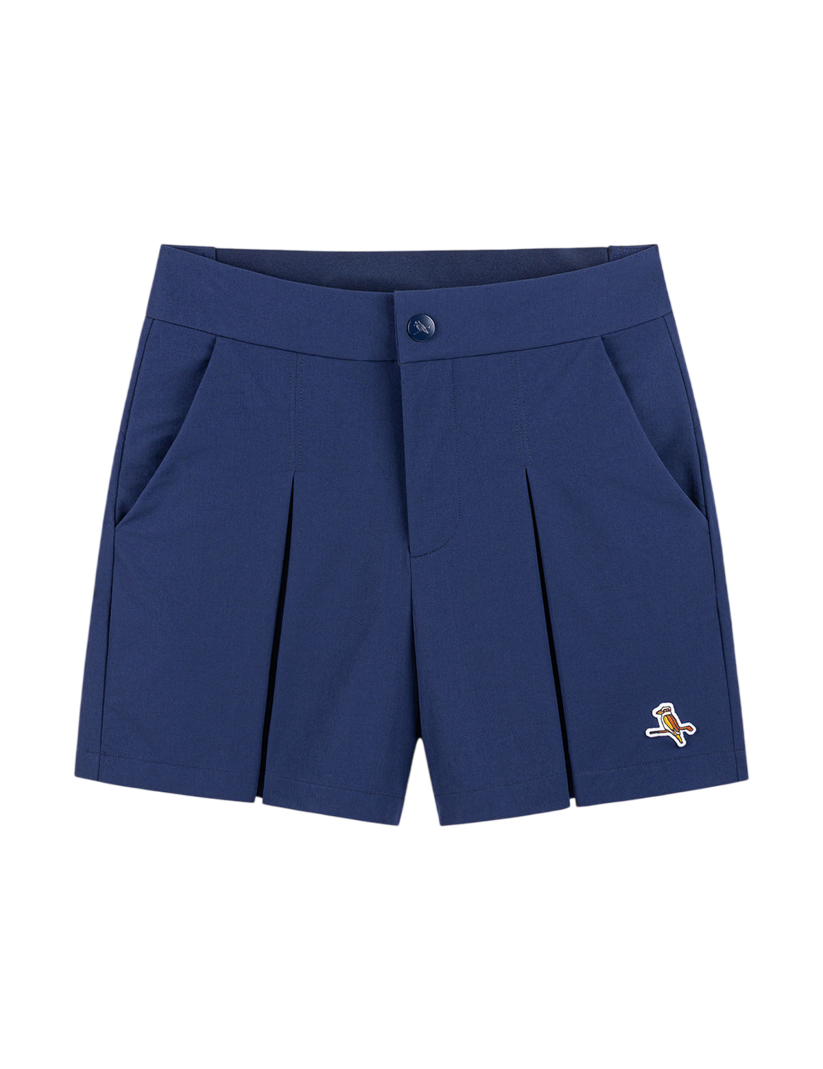 Model wearing Walker Golf Things Pleat Shorts in Navy