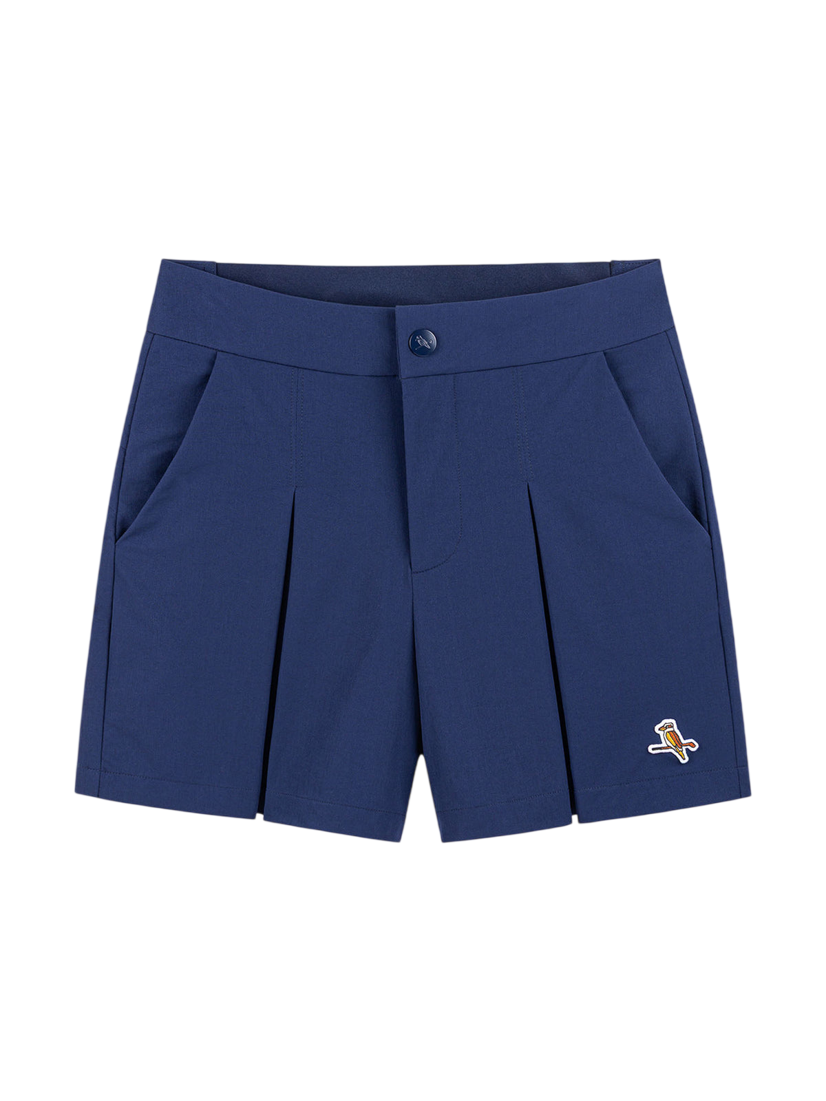 Model wearing Walker Golf Things Pleat Shorts in Navy