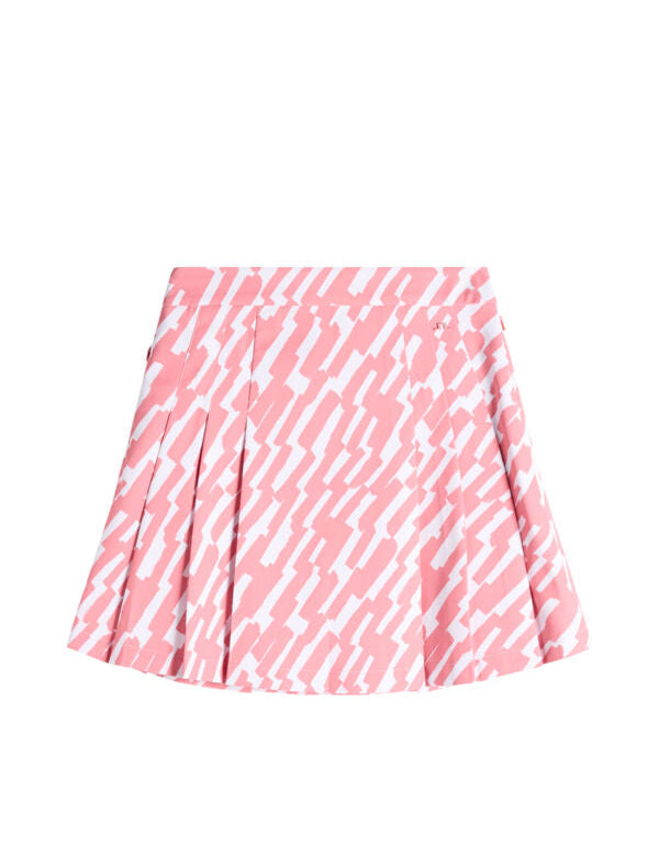 Model wearing J.Lindeberg Alesia Print Skirt in white print