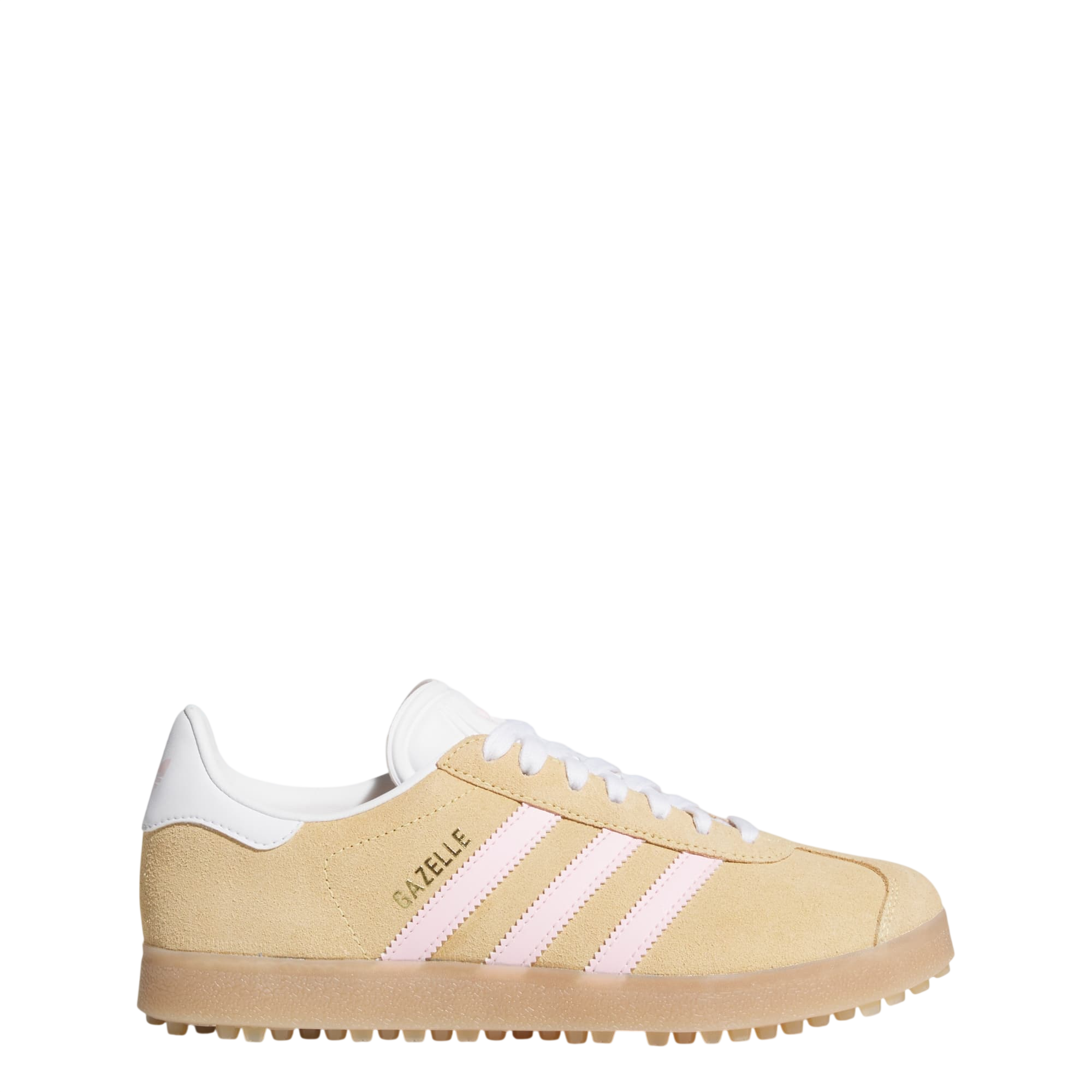 Beige Adidas Gazelle sneaker with pink stripes on a white background