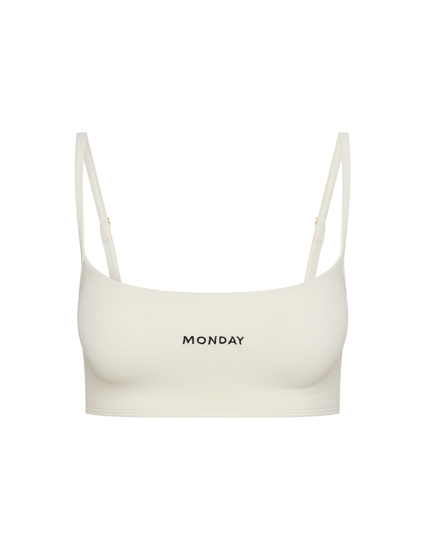 White crop top with 'MONDAY' text on a white background