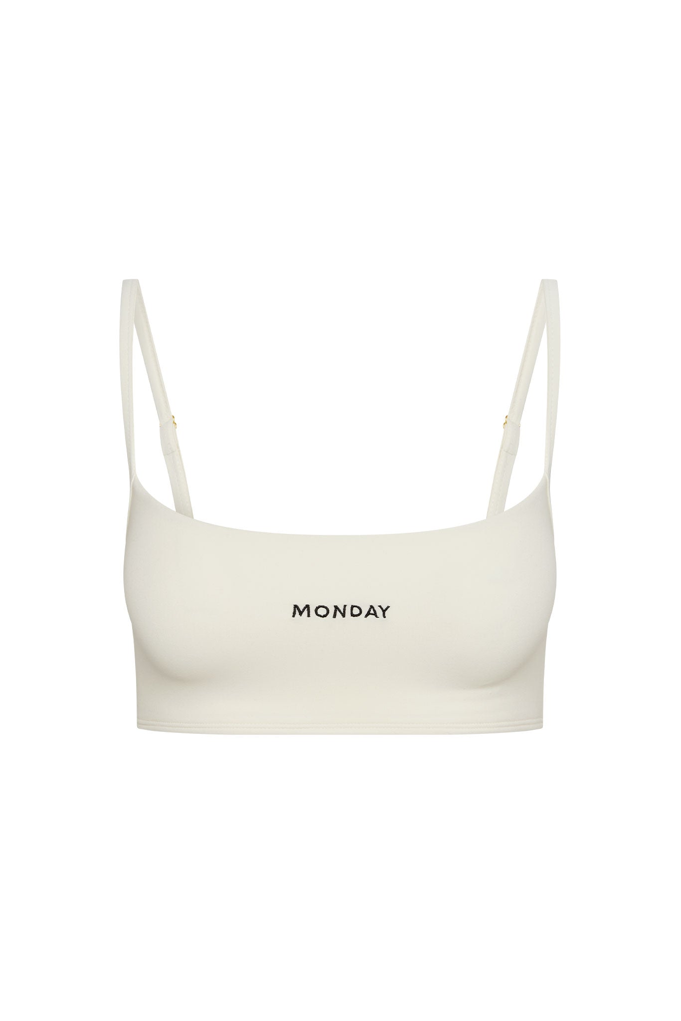 White crop top with 'MONDAY' text on a white background