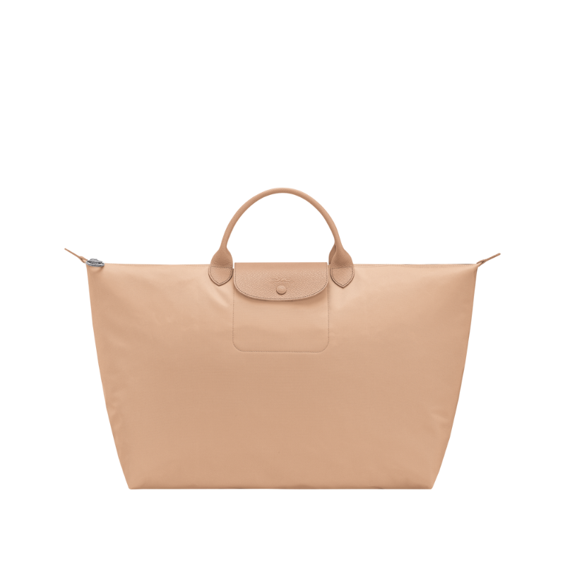 Taupe travel bag, front view on white background